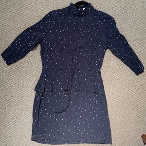Ganni Dress in Navy with White Polka Dots, Size XS